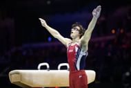 Nedoroscik during his pommel horse performance at the 2022 World Gymnastics Championships in Liverpool (Image via: Getty Images)